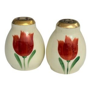 Vintage Tulip Floral with Gold Trim Salt and Pepper Shaker Set Ceramic